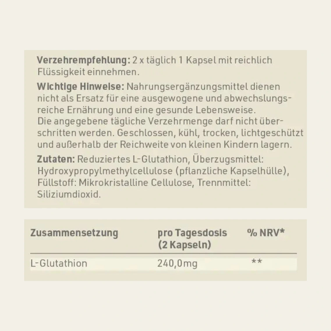 Produktetikett "Glutathion Forte" mit Inhaltsstoffen und -angaben