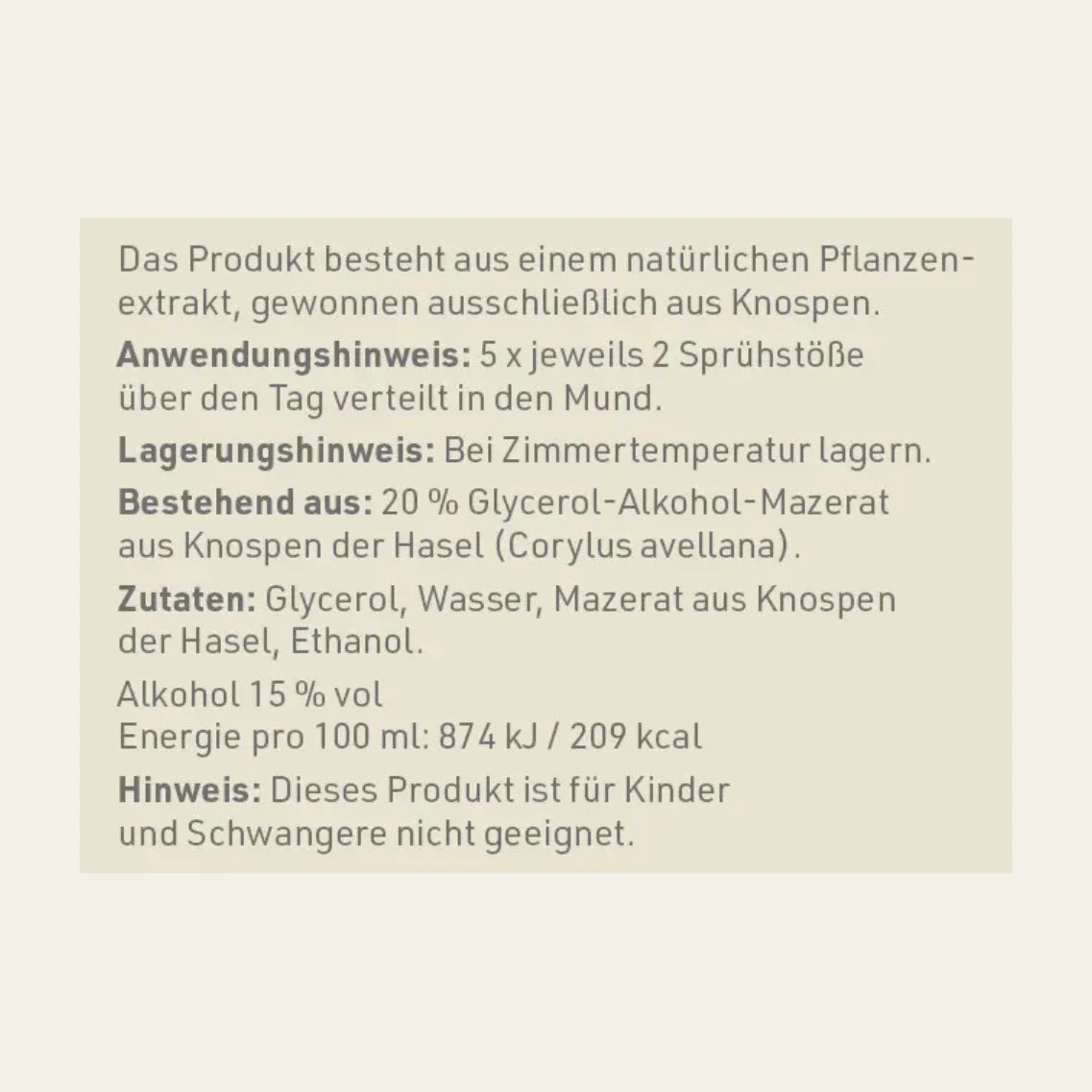 Produktetikett "Hasel - Gemmomazerat" mit Inhaltsstoffen und -angaben
