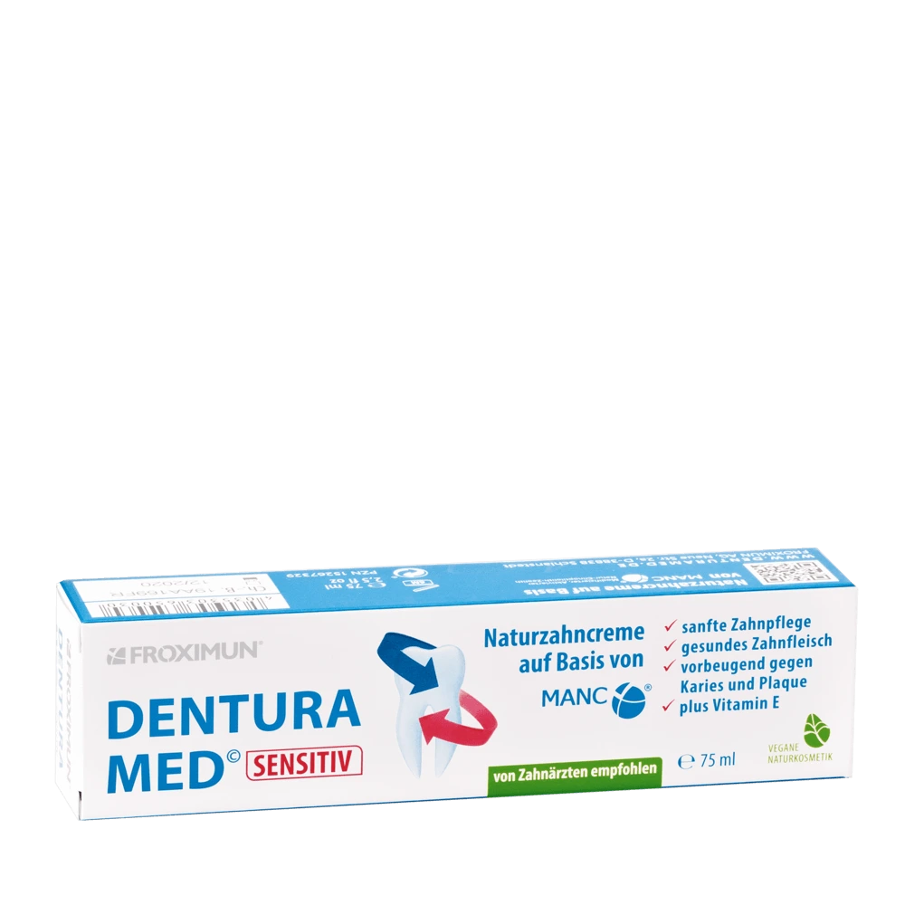 Weiße Verpackung von FROXIMUN mit "Dentura Med Sensitiv" Aufdruck