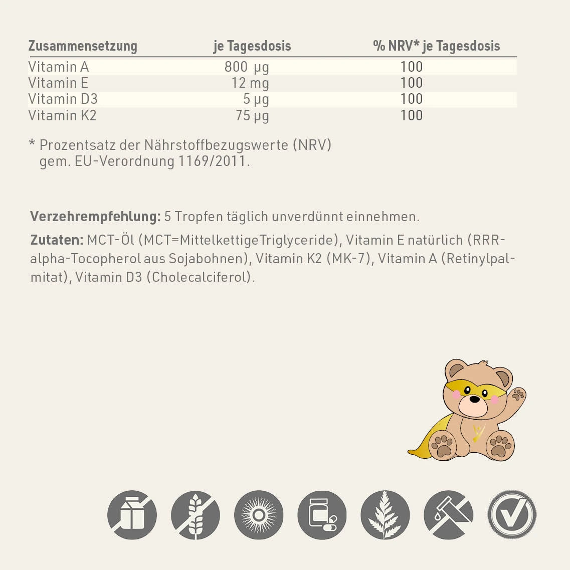Produktetikett "ADEK Kids" mit Inhaltsstoffen und -angaben