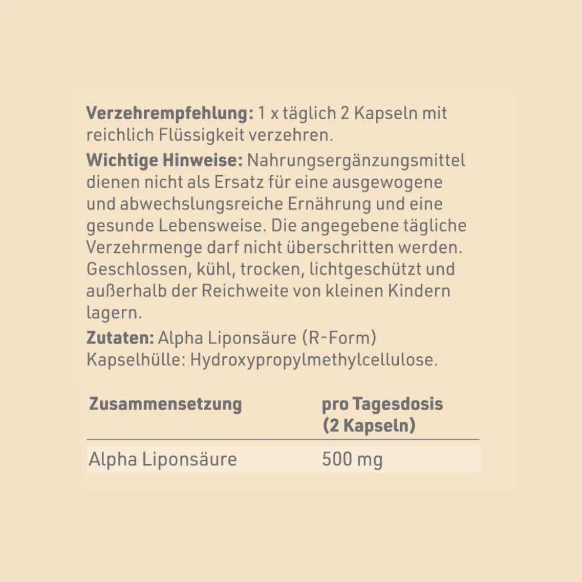 Rückseite Etikett "Alpha Liponsäure" mit Verzehrempfehlung, Wichtige Hinweise, Zutaten und Zusammensetzung