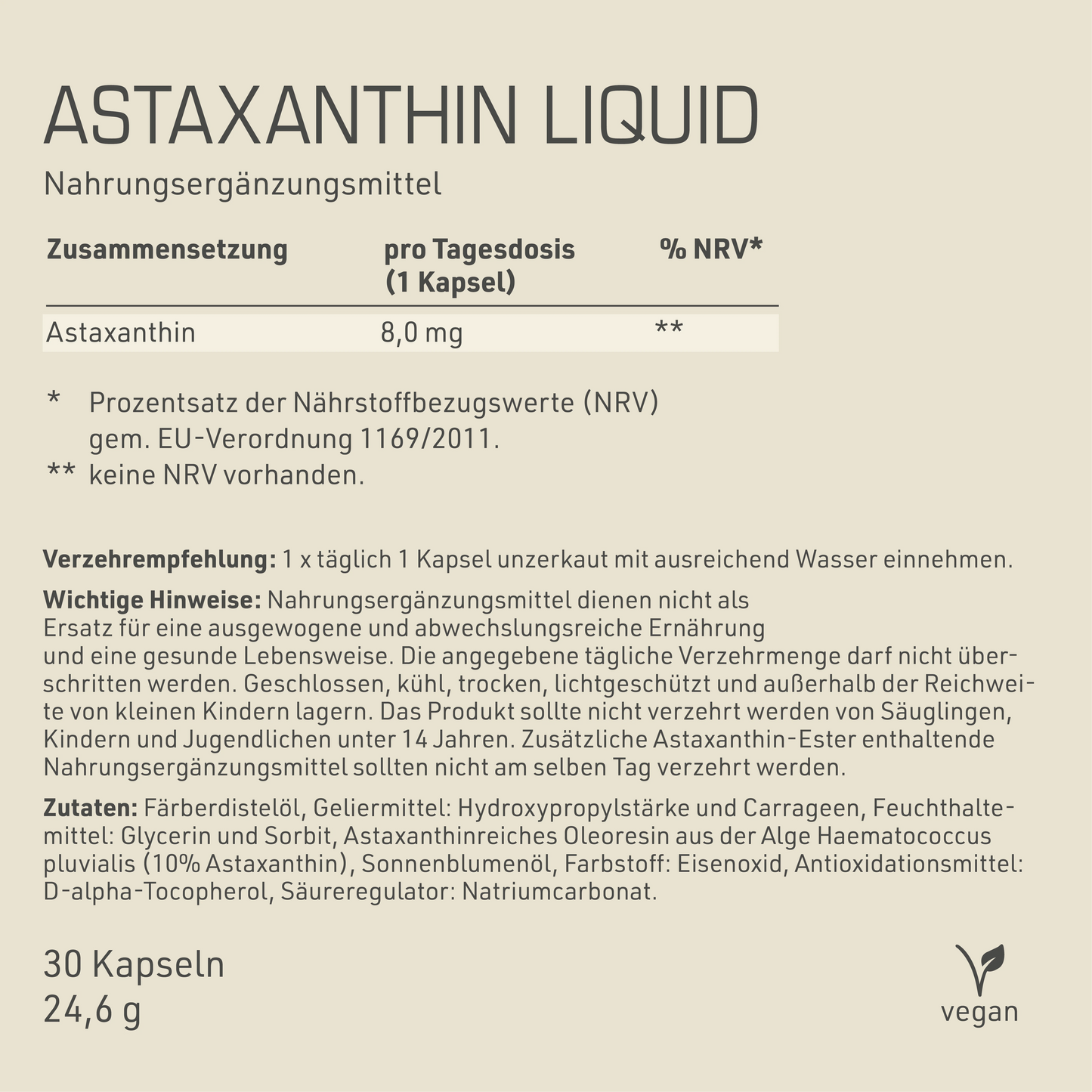 Astaxanthin Liquid Etikett Rückseite mit Inhaltsstoffen und -angaben