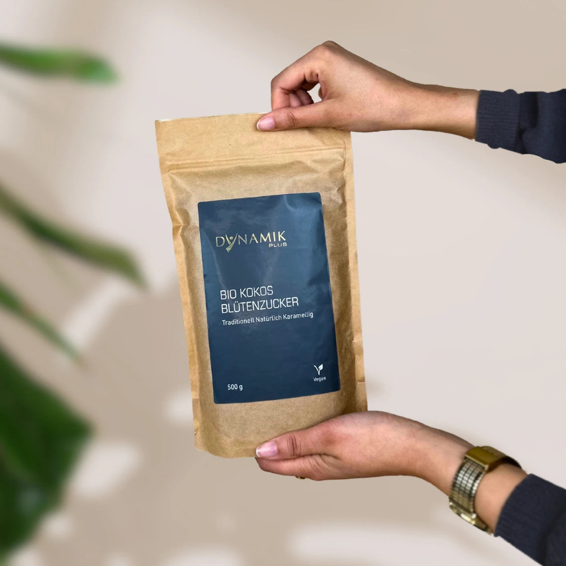 Beiger Kartonbeutel mit DynamikPlus "Bio Kokos Blütenzucker" Etikett gehalten