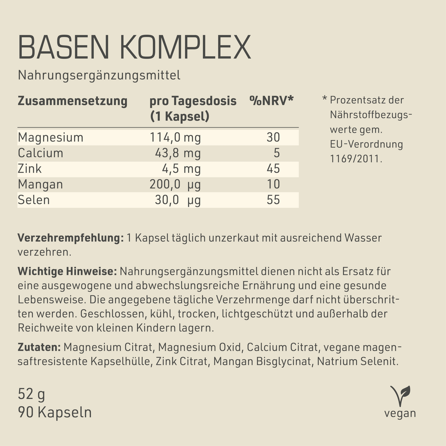 Basen Komplex Etikett Rückseite mit Inhaltsstoffen und -angaben