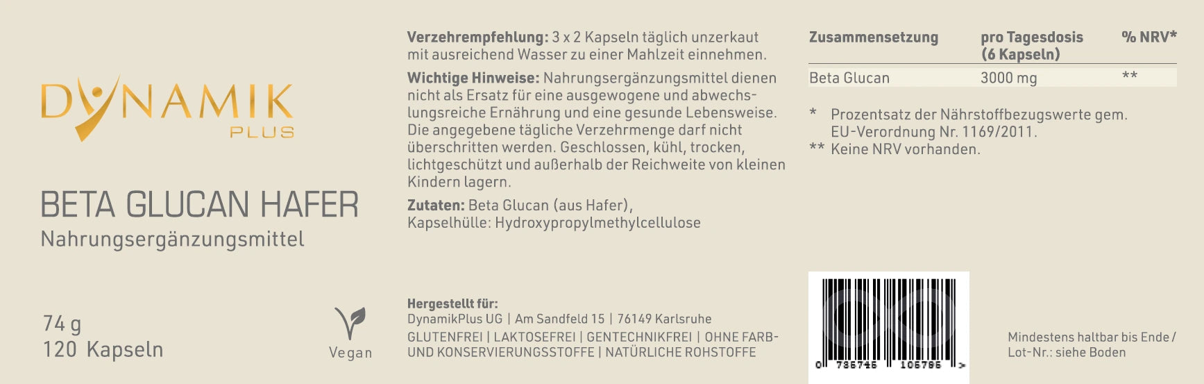 DYNAMIKPLUS Etikett "Beta Glucan Hafer"