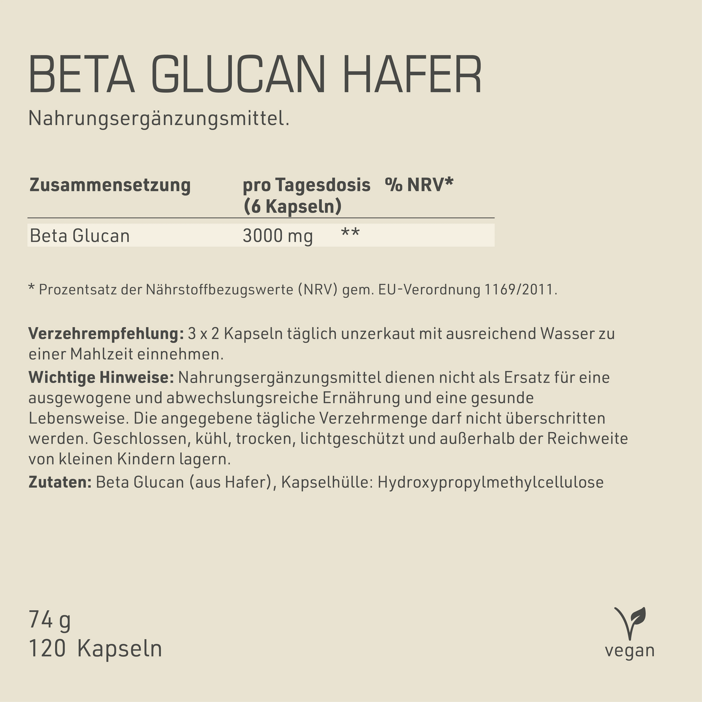 Beta Glucan Hafer Etikett Rückseite mit Inhaltsstoffen und -angaben