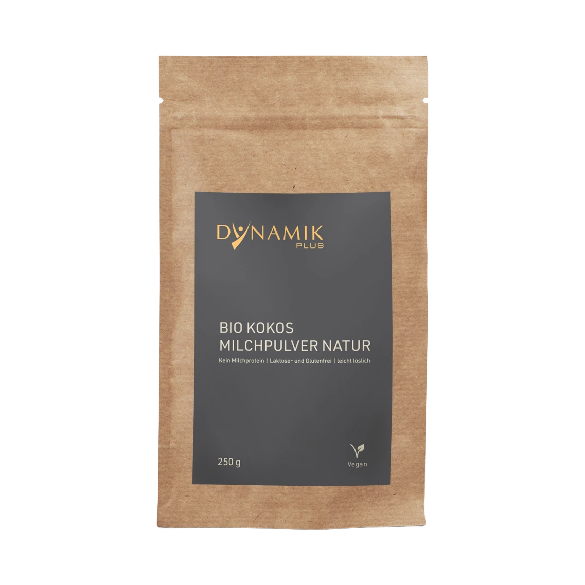 Beige Kartontasche mit DYNAMIKPLUS Etikett "Bio Kokos Milchpulver Natur"