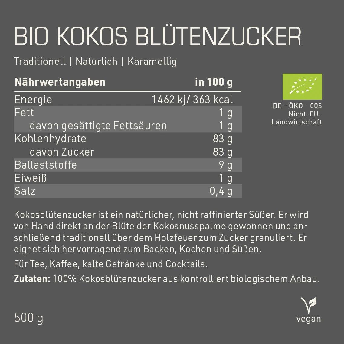 Bio Kokos Blütenzucker Etikett mit Nährwertangaben
