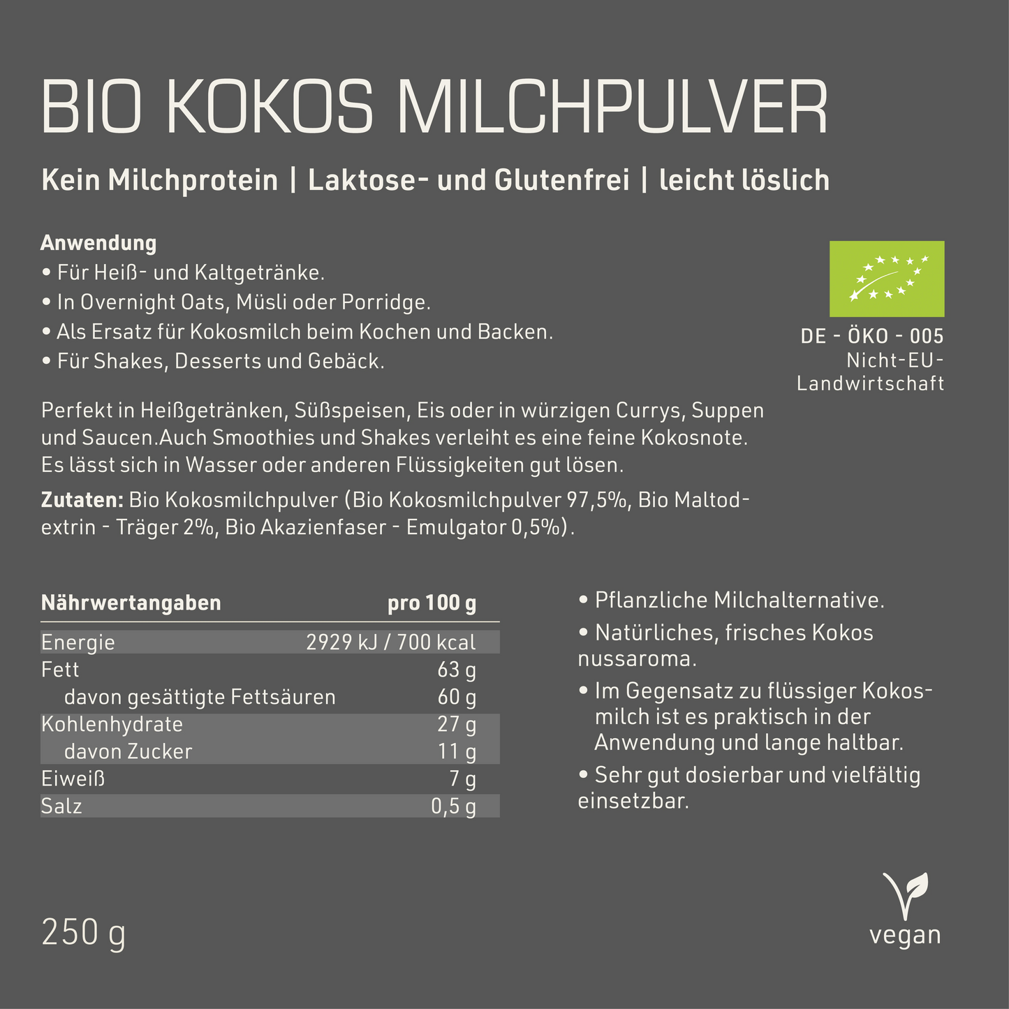 Bio Kokos Milchpulver Natur Etikett Rückseite mit Inhaltsstoffen und -angaben