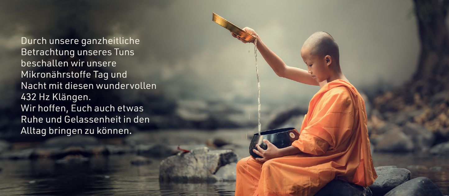 Junger Mönch mit Wasserschale mit der er einen schwarzen Topf befüllt sitzend an Teich