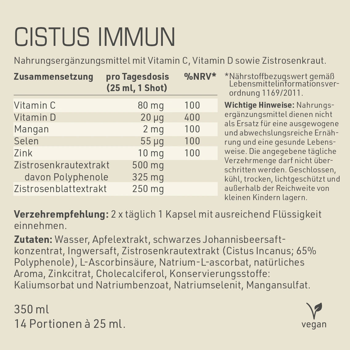 Cistus Immun Etikett Rückseite mit Nährwertangaben und Inhaltsstoffen