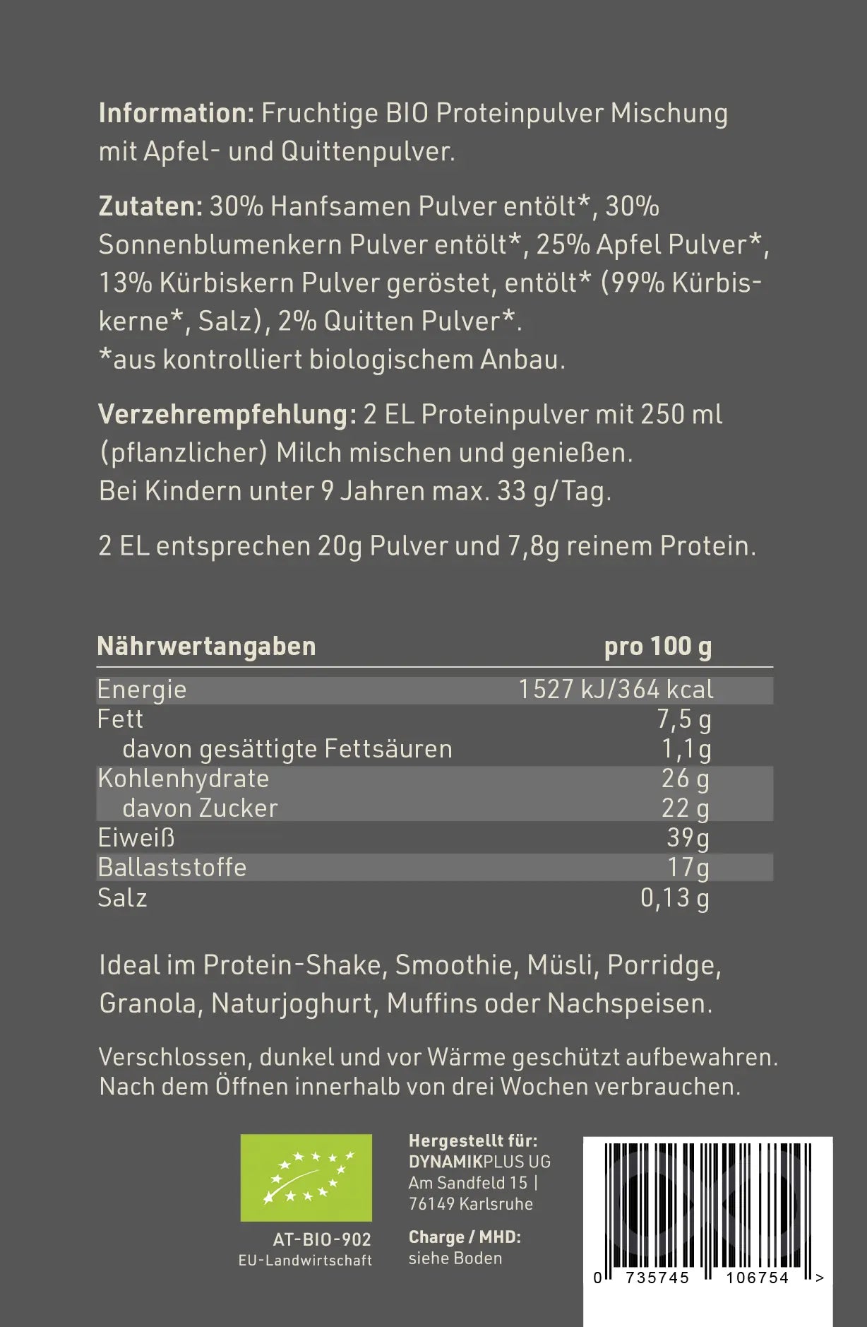 DYNAMIKPLUS Etikett Rückseite "Bio Protein Apfel Quitte" mit Nährwertangaben