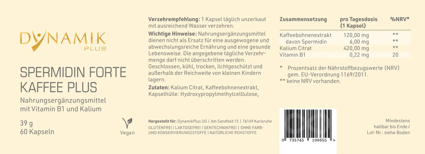 DYNAMIKPLUS Etikett "Spermidin Forte Kaffee Plus"