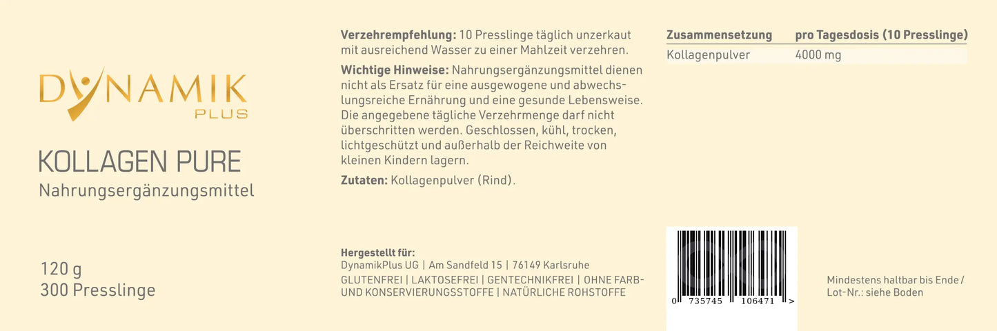 DYNAMIKPLUS Etikett "Kollagen Pure" mit Inhaltsstoffen und -angaben