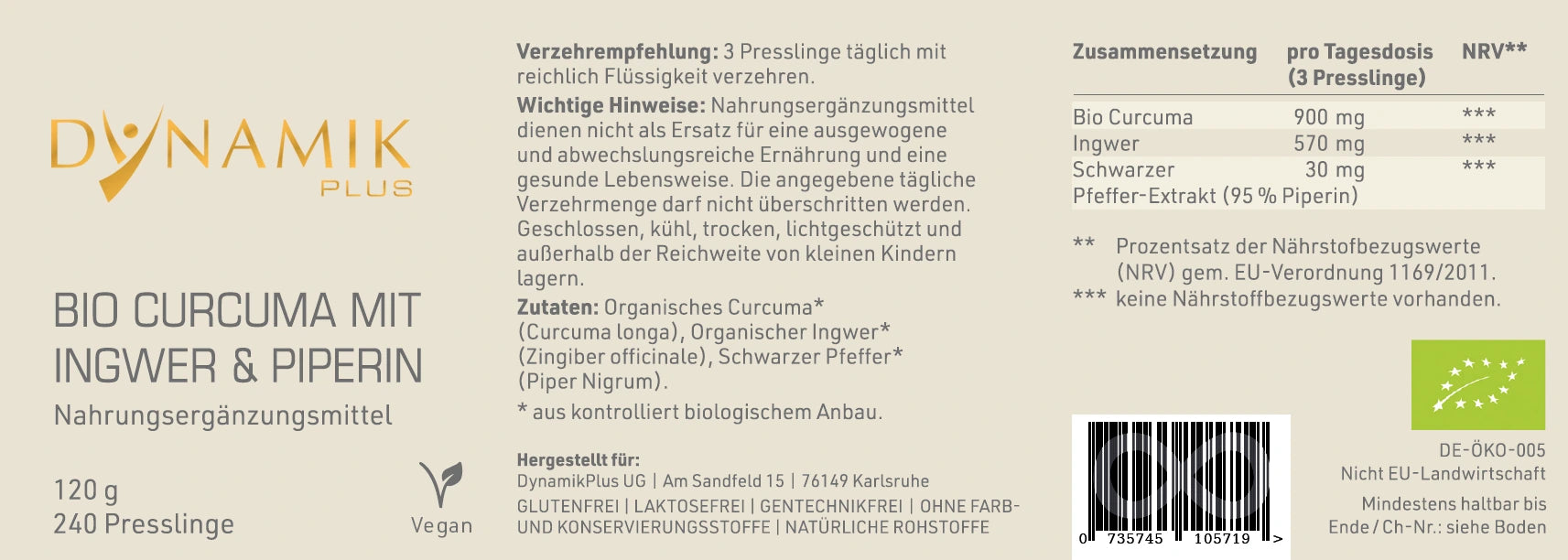 Produktetikett "Bio Curcuma mit Ingwer & Piperin" mit Inhaltsstoffen und -angaben