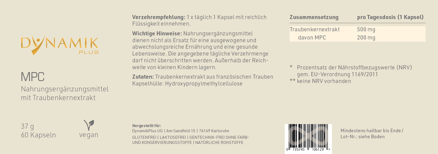 Produktetikett "MPC" mit Inhaltsstoffen und -angaben