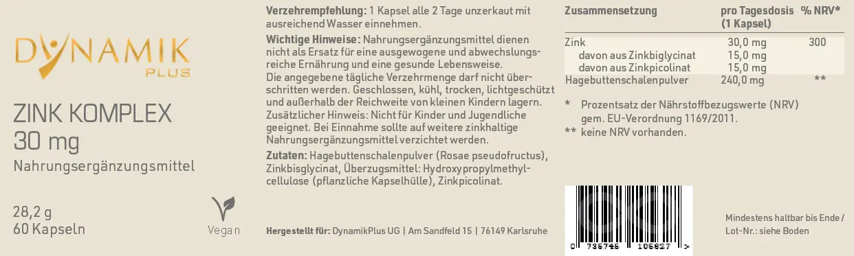 DYNAMIKPLUS Etikett "Zink Komplex" mit Inhaltsstoffen und -angaben