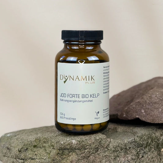 Brauner Glasbehälter mit DynamikPlus "Jod Forte Bio Kelp" Etikett und schwarzem Drehverschluss