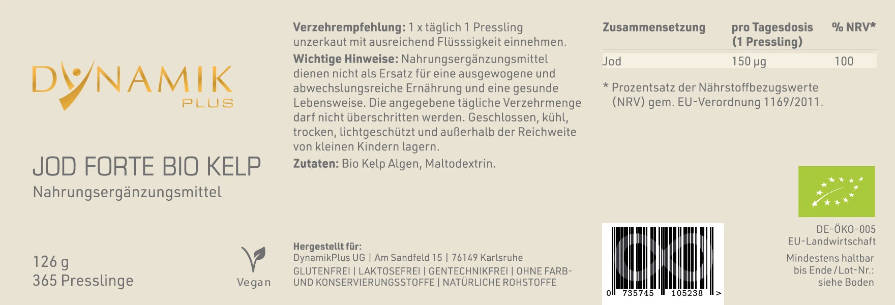 Produktetikett "Jod Forte Bio Kelp" mit Inhaltsstoffen und -angaben