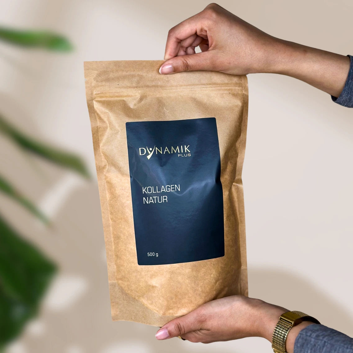 Von zwei Händen gehaltener Beiger Kartonbeutel mit DYNAMIKPLUS Etikett "Kollagen Natur"