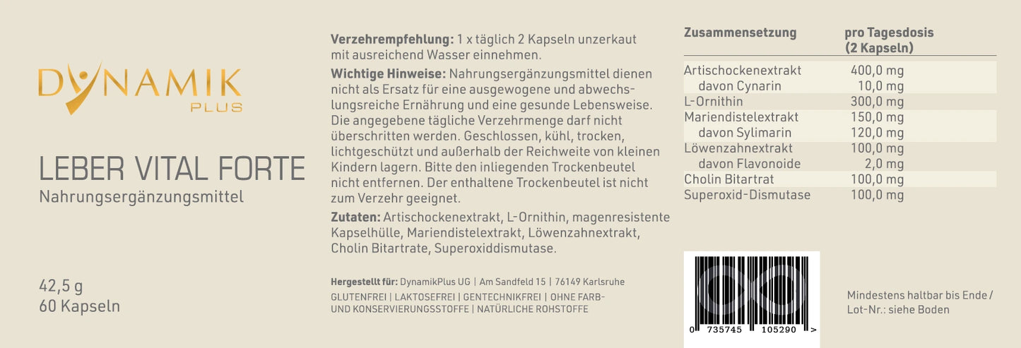 DYNAMIKPLUS Etikett "Leber Vital Forte" mit Inhaltsstoffen und -angaben