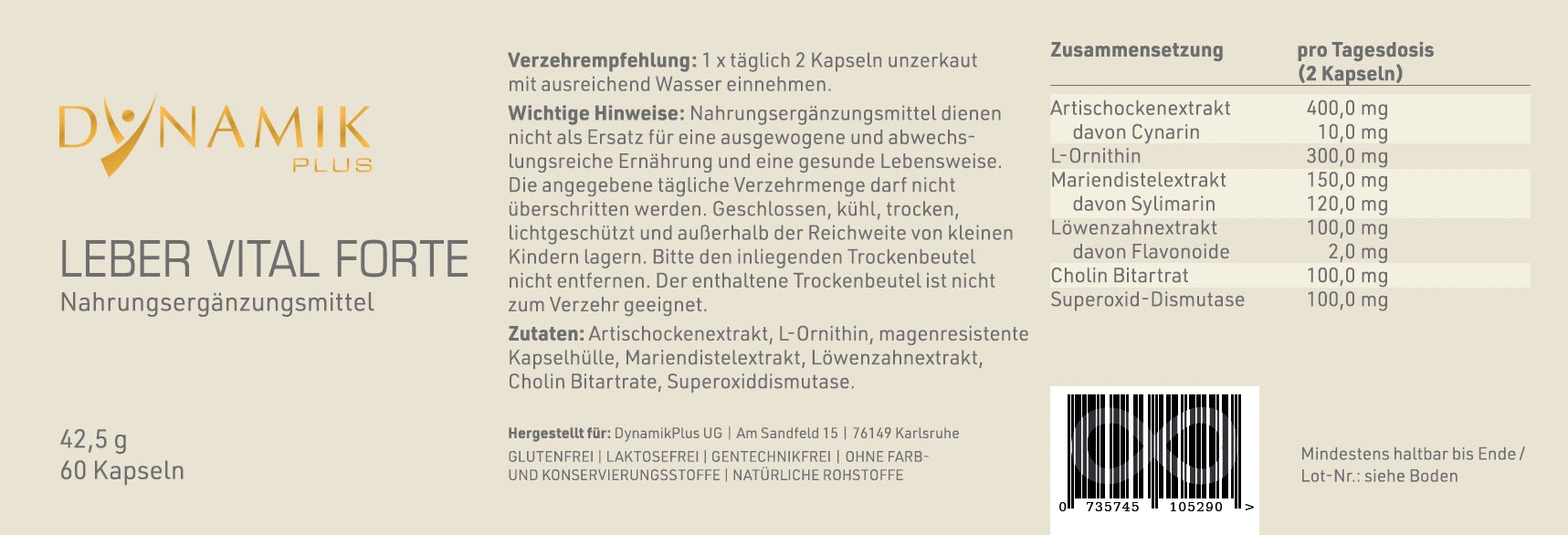 DYNAMIKPLUS Etikett "Leber Vital Forte" mit Inhaltsstoffen und -angaben