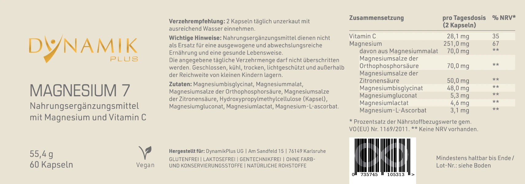 DYNAMIKPLUS Etikett "Magnesium 7" mit Inhaltsstoffen und -angaben