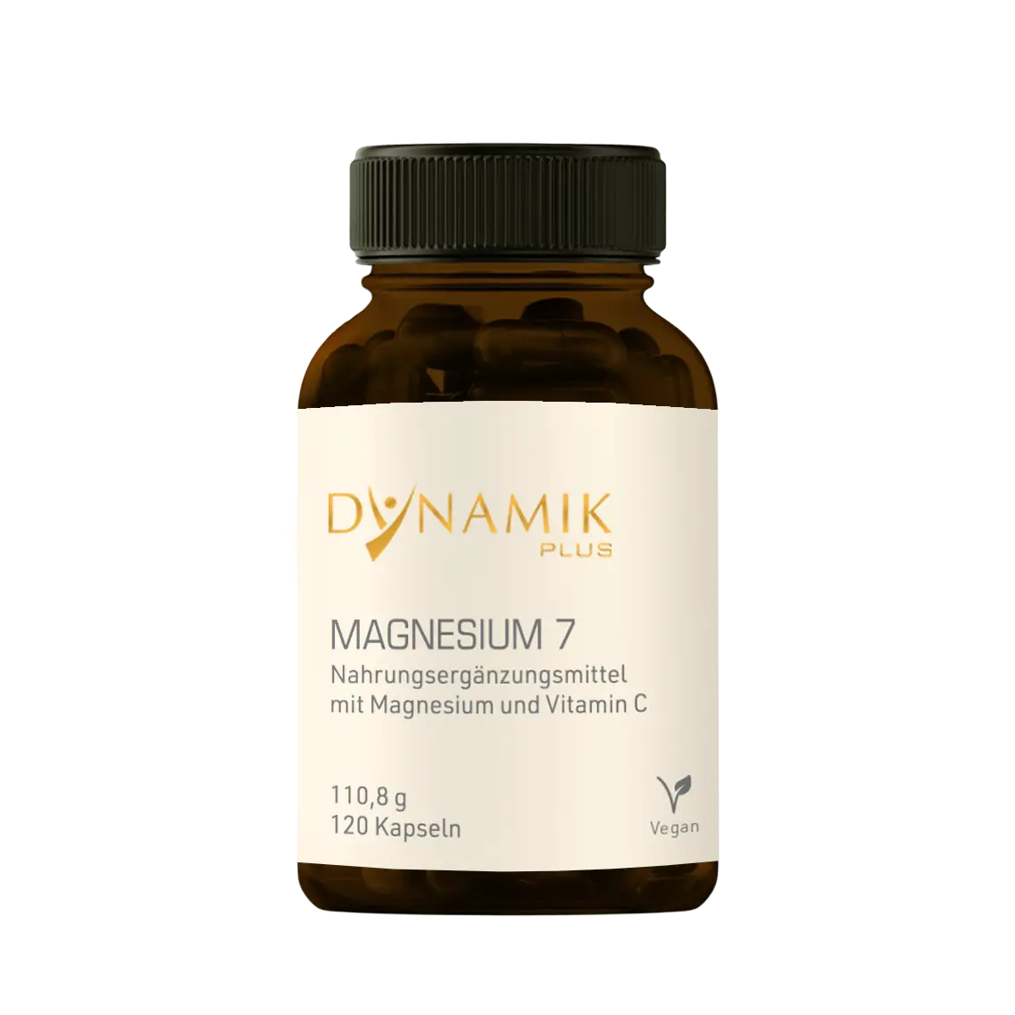 Brauner Glasbehälter mit DYNAMIKPLUS Etikett "Magnesium 7"