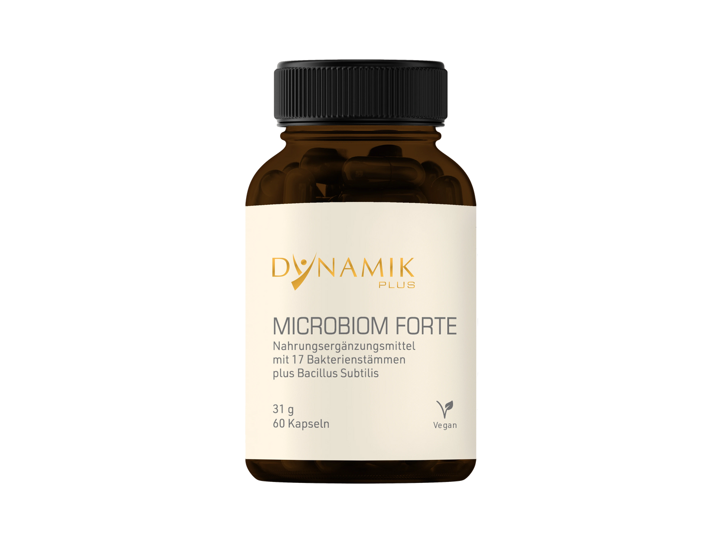 Brauner Glasbehälter mit DYNAMIKPLUS Etikett "Microbiom Forte"
