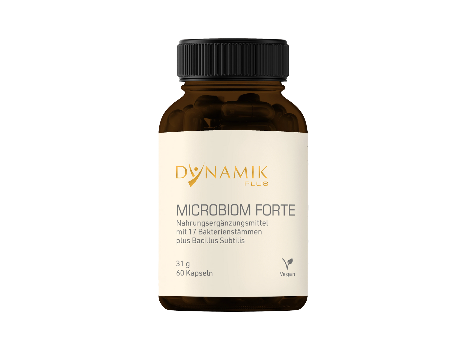 Brauner Glasbehälter mit DYNAMIKPLUS Etikett "Microbiom Forte"