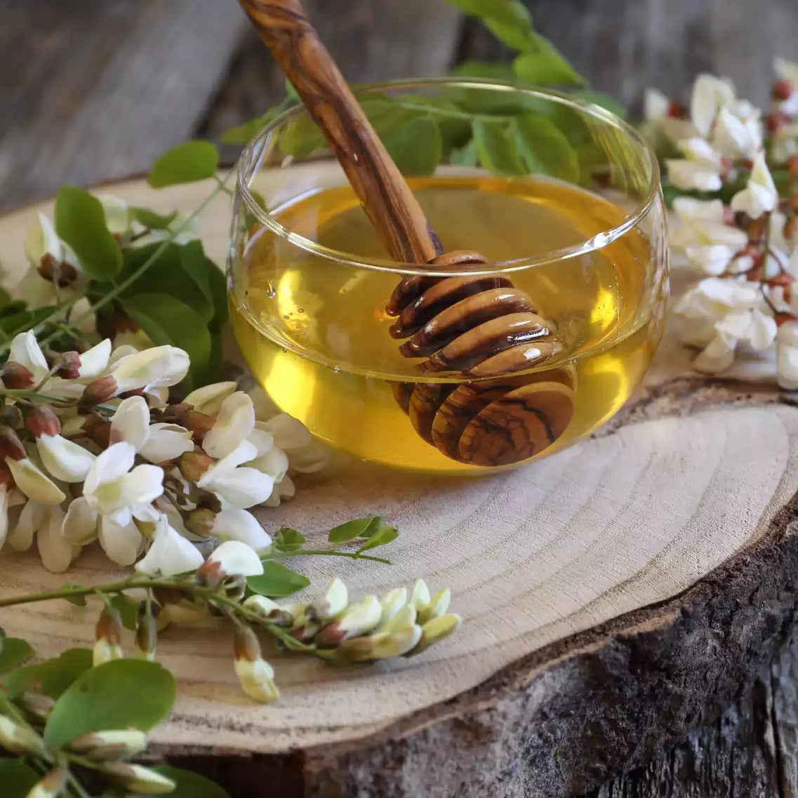 Glas gefüllt mit Honig und Honiglöffel umgeben von Akazienblüten