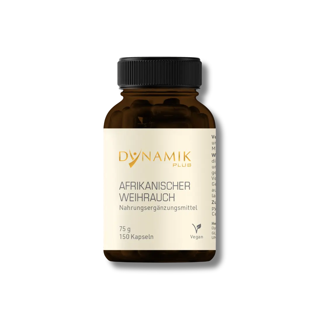 Brauner Glasbehälter mit DYNAMIKPLUS Etikett "Afrikanischer Weihrauch"