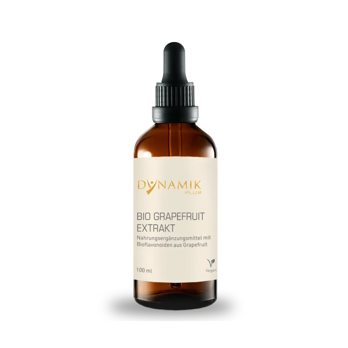 Braune Tröpfchenflasche mit DYNAMIKPLUS Etikett "Bio Grapefruit Extrakt"