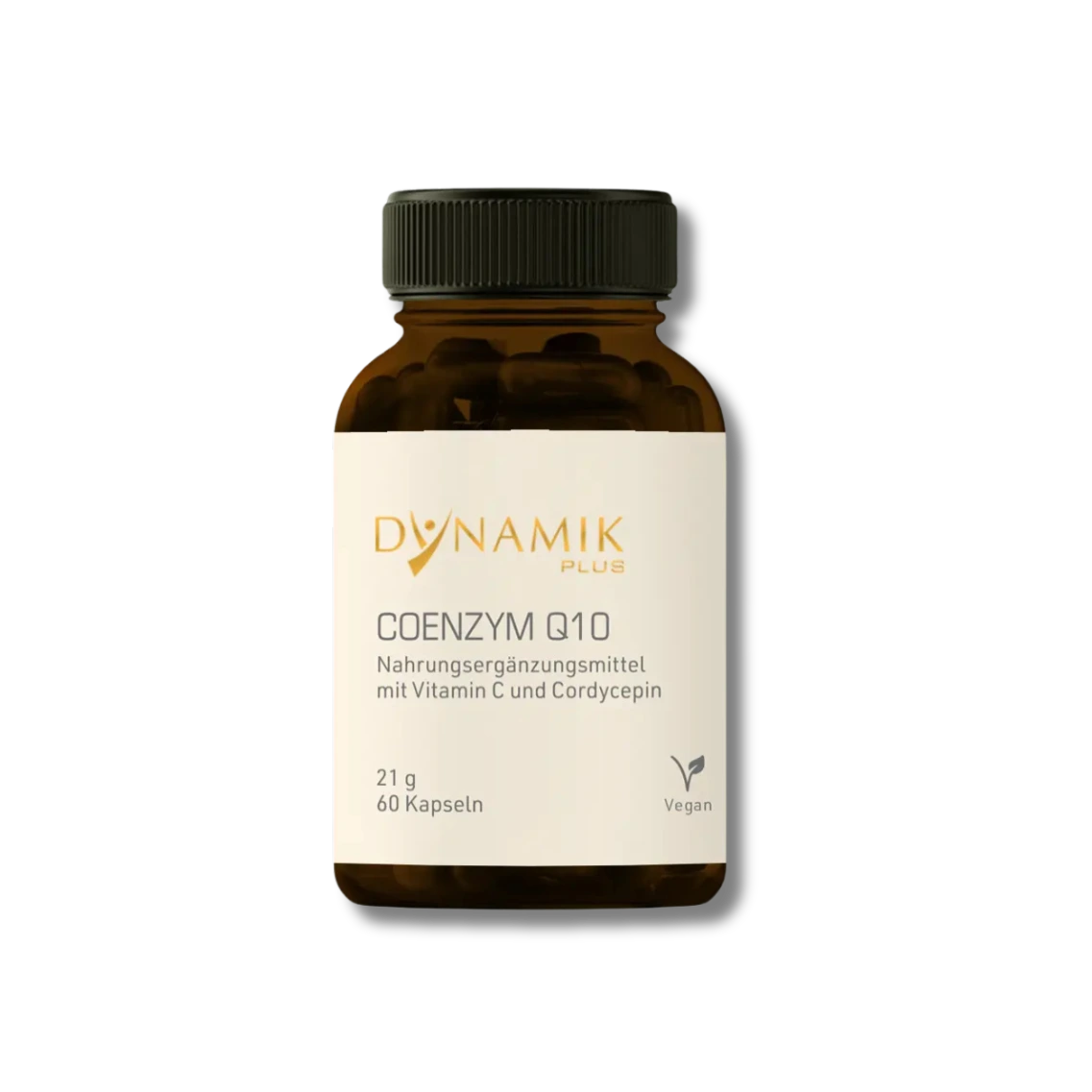 Brauner Glasbehälter mit DYNAMIKPLUS Etikett "Coenzym Q10"