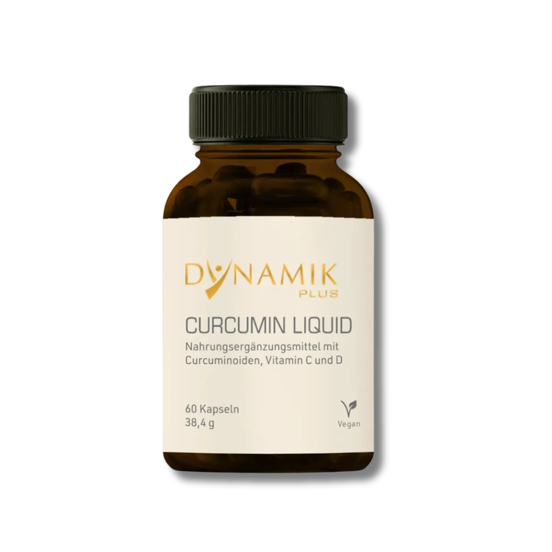 Brauner Glasbehälter mit DYNAMIKPLUS Etikett "Curcumin Liquid"