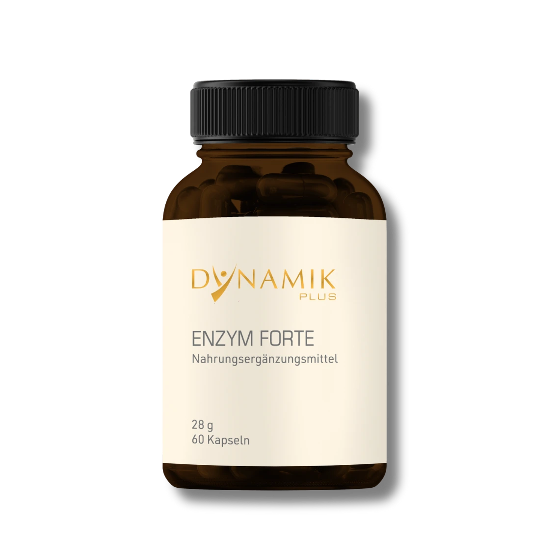 Brauner Glasbehälter mit DYNAMIKPLUS Etikett "Enzym Forte"