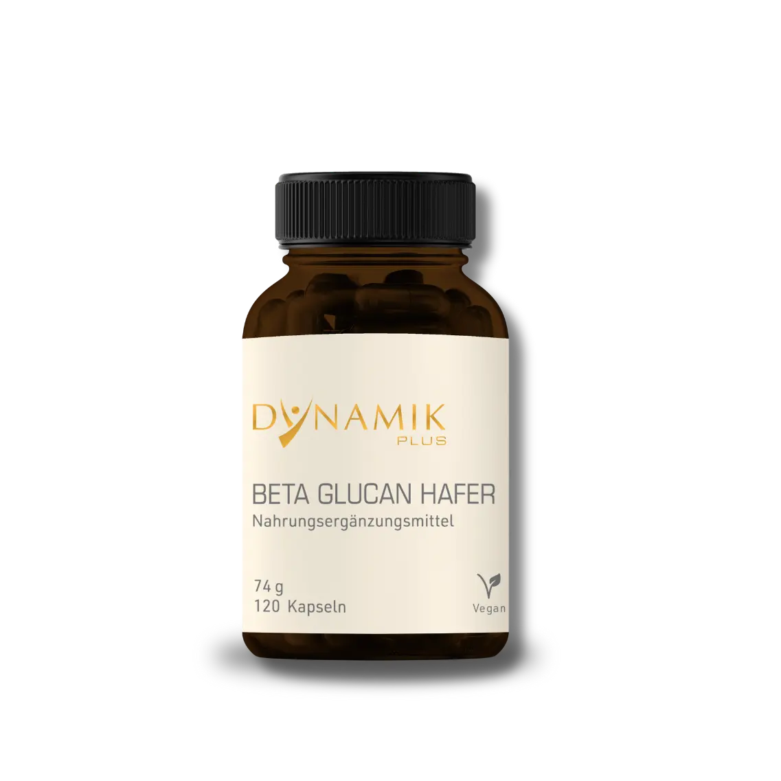 Brauner Glasbehälter mit DYNAMIKPLUS Etikett "Beta Glucan Hafer"
