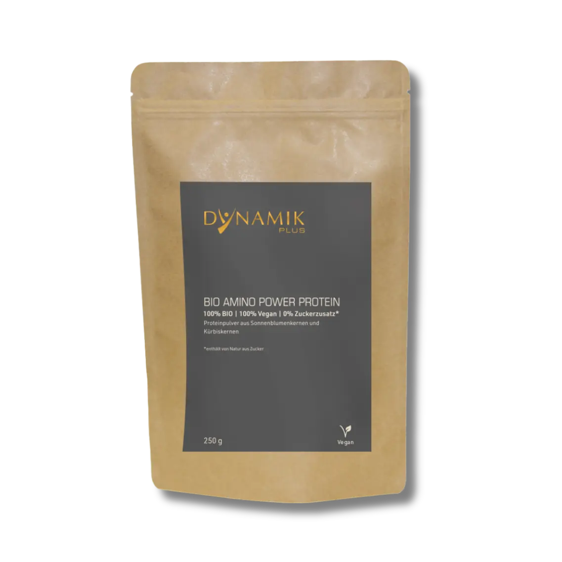 Beige Kartontasche mit DYNAMIKPLUS Etikett "Bio Amino Power Protein"