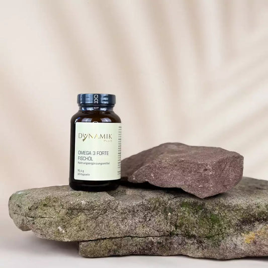 Brauner Glasbehälter mit DynamikPlus "Omega 3 Forte Fischöl" Etikett und schwarzem Drehverschluss auf einem Stein
