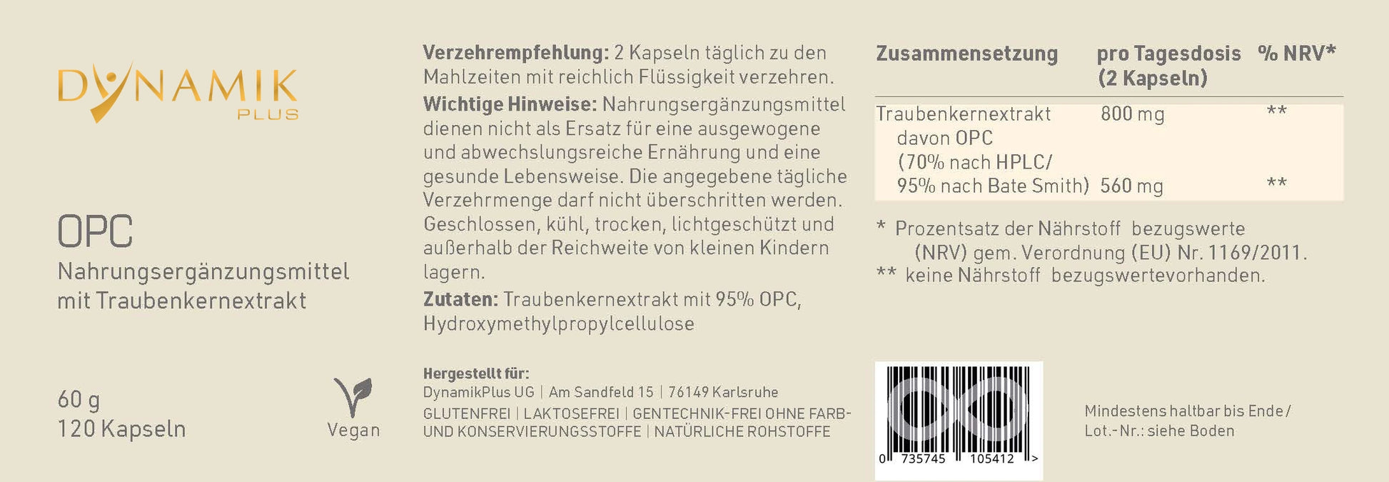 DYNAMIKPLUS Etikett "OPC" mit Inhaltsstoffen und -angaben