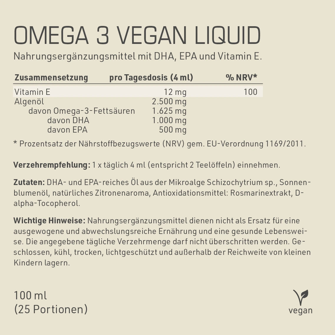DYNAMIKPLUS Omega 3 vegan Liquid Zusammensetzung, Verzehrempfehlung und Zutaten