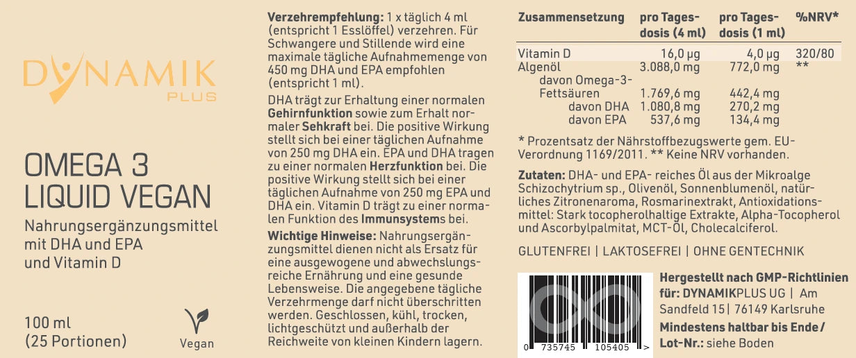 Produktetikett "Omega 3 Liquid Vegan" mit Inhaltsstoffen und -angaben