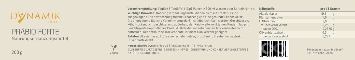 DYNAMIKPLUS Etikett "Präbio Forte"  mit Inhaltsstoffen und -angaben
