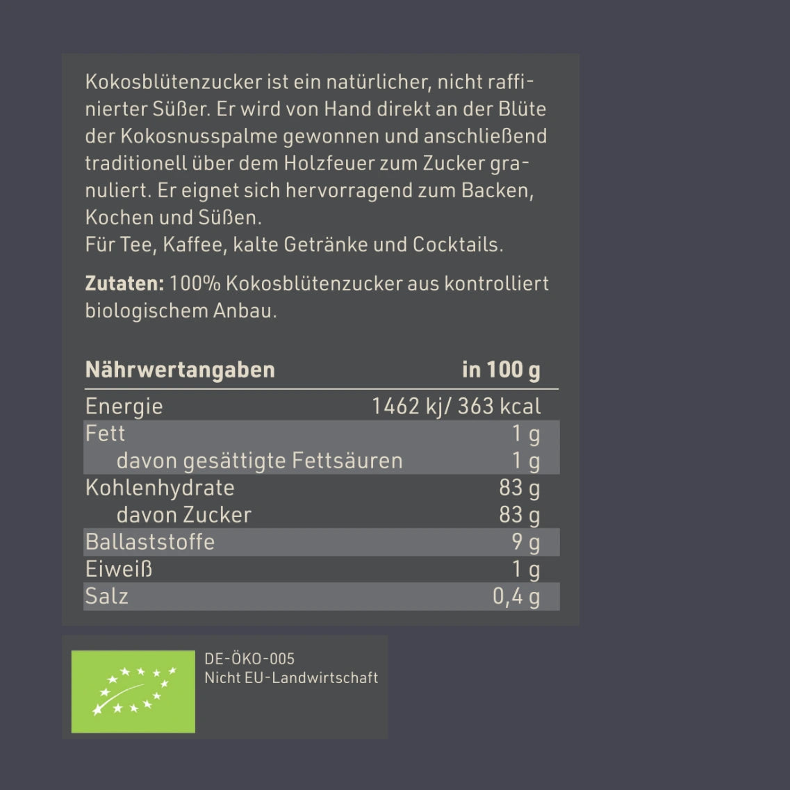 Nährwertangaben DYNAMIKPLUS "Kokosblütenzucker"