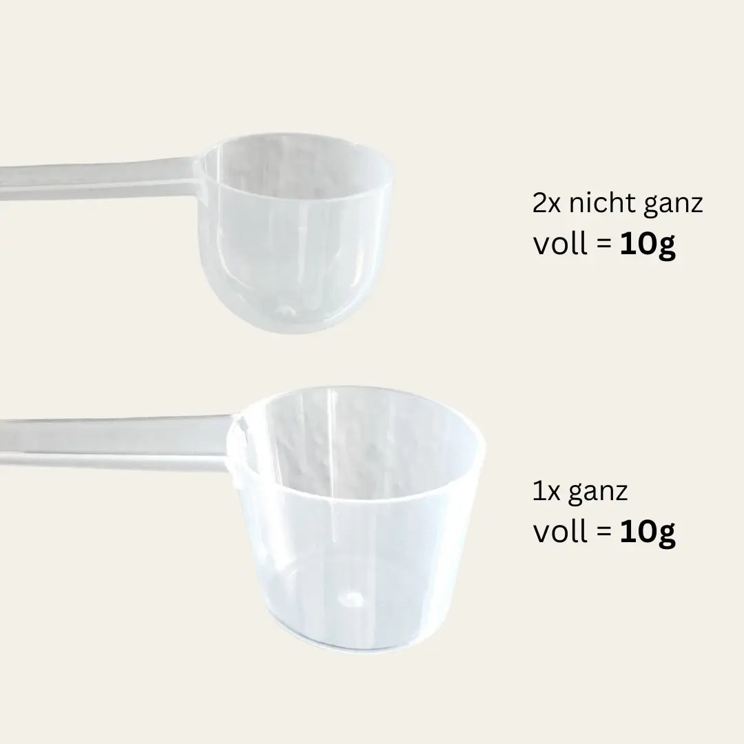 Messbecher Vergleich, kleiner Messbecher 2x nicht ganz voll = 10g, großer Messbecher 1x ganz voll = 10g