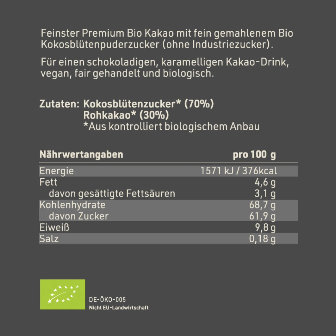 Produktetikett "Bio Koko Kakao" mit Inhaltsstoffen und -angaben