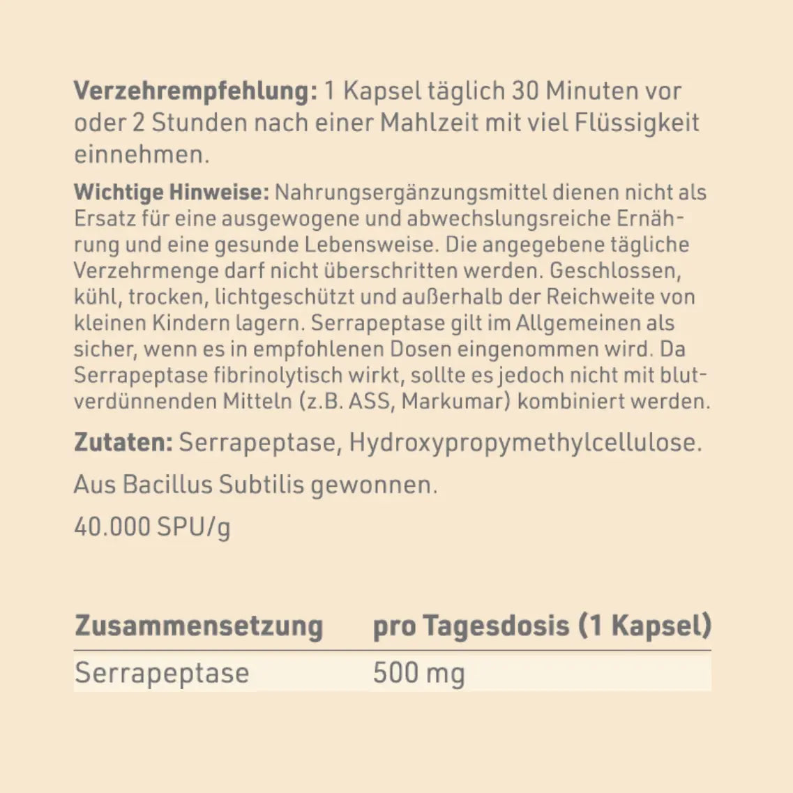 Etikettrückseite "Serrapeptase" mit Verzehrempfehlung, Wichtige Hinweise und Zutaten