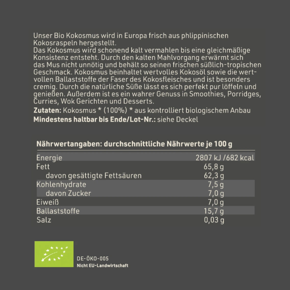 Etikettrückseite mit Zutaten und Nährwertangaben
