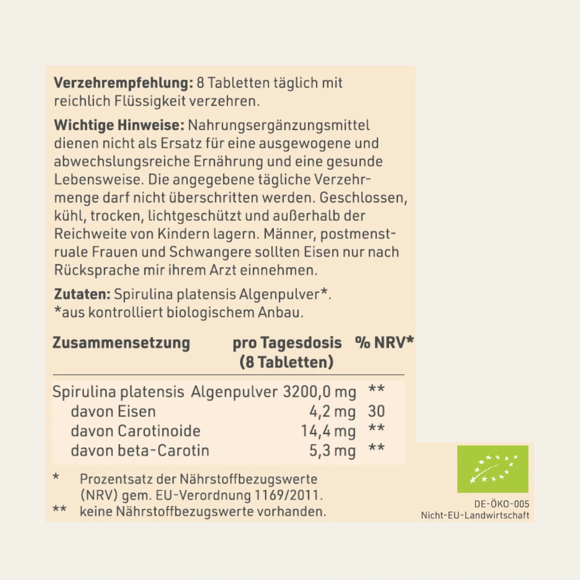 Etikett mit den Inhaltsstoffen und -angaben