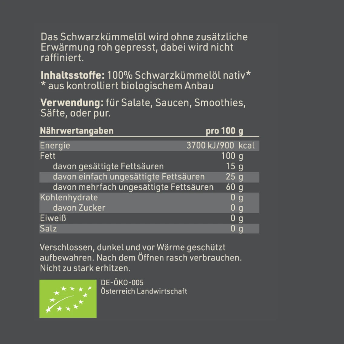 Produktetikett "Bio Schwarzkümmelöl" mit Inhaltsstoffen und -angaben